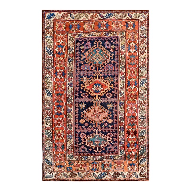 1900s Blue Navy Geometric Tribal Antique n.w. Persian Rug 4' X 6'4" Knotted Pile Wool Carpet For Sale