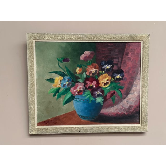 Original vintage scandinavian oil on canvas – “pansies in blue vase” by g. Stränz – signed – framed – 47 × 29 cm (18.5" ×...