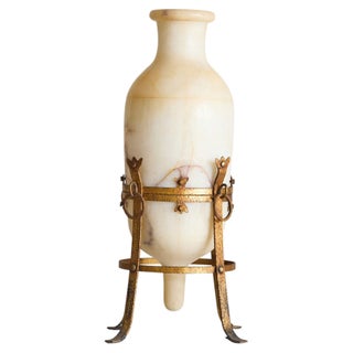 Vintage French Alabaster Vase + Gilt Metal Stand For Sale