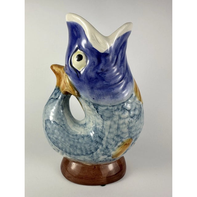 Mid-Century Modern Vintage MCM Blues Ceramic Handpainted Fish Pitcher Vase For Sale - Image 3 of 7