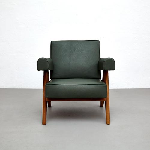 Capitol Complex Teak and Green Leather 053 Armchair by Pierre Jeanneret for Cassina For Sale - Image 3 of 15