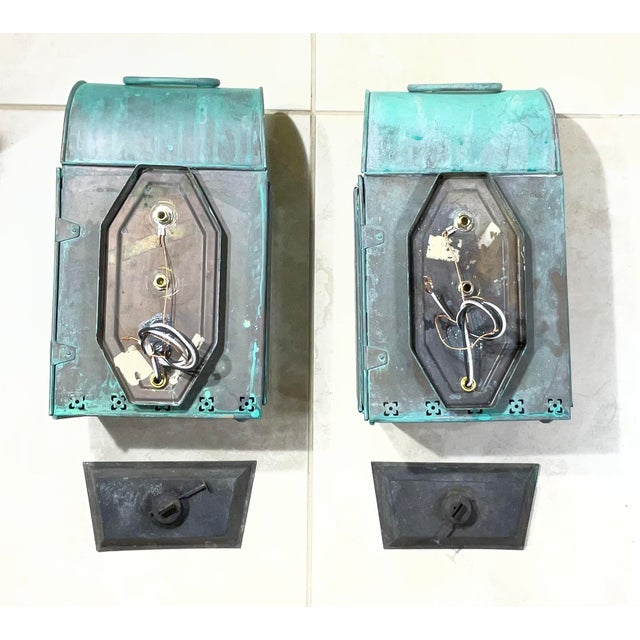 Metal Pair of Antique Verdigris Copper Wall Lanterns – Converted & Electrified For Sale - Image 7 of 17