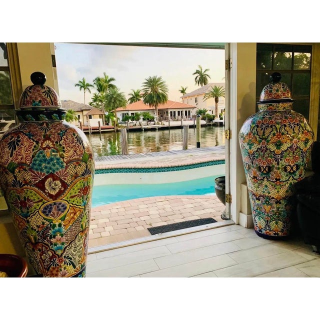 Rustic European Monumental Urns 63" H Talavera Ceramic Mediterranean Decor-A Pair For Sale - Image 3 of 9