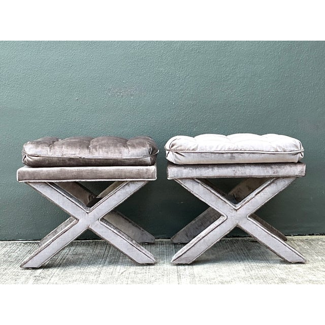 Vintage Tufted Velvet X Benches - A Pair For Sale - Image 9 of 12