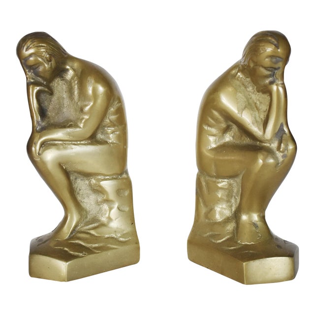 Vintage Solid Brass Sitting Thinking Man Bookends - a Pair For Sale