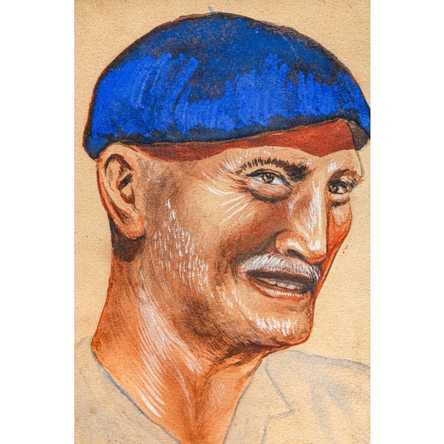 1910s Colorful Antique French Gouache Portrait Painting of Man With Ornate Frame For Sale - Image 5 of 13