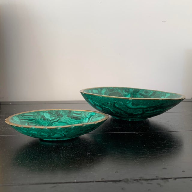 African Malachite Bowls With Brass Rim Detailing - a Pair For Sale - Image 3 of 6