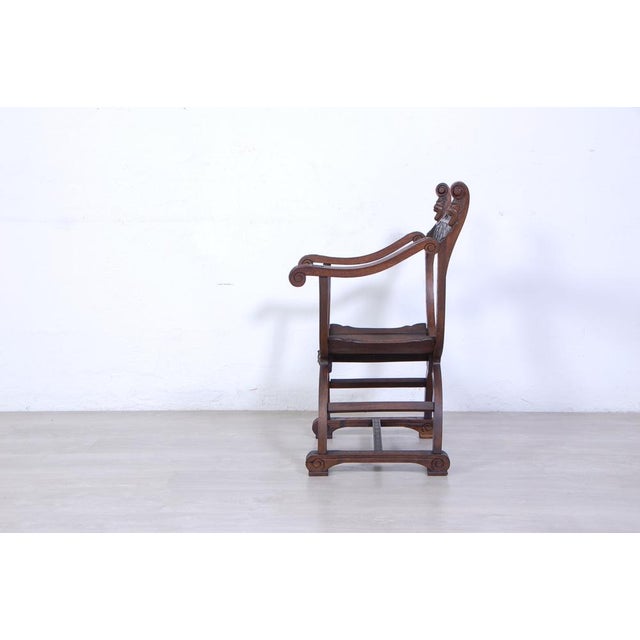 Wooden Savonarola Chair with Carved Armrest,s Late 1800s For Sale - Image 4 of 14