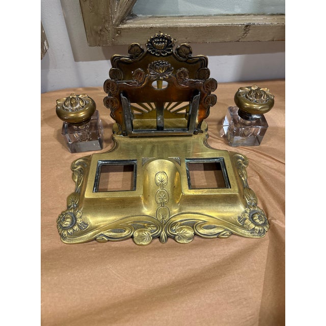 Metal Antique Double Inkwell With Letter Rack For Sale - Image 7 of 8