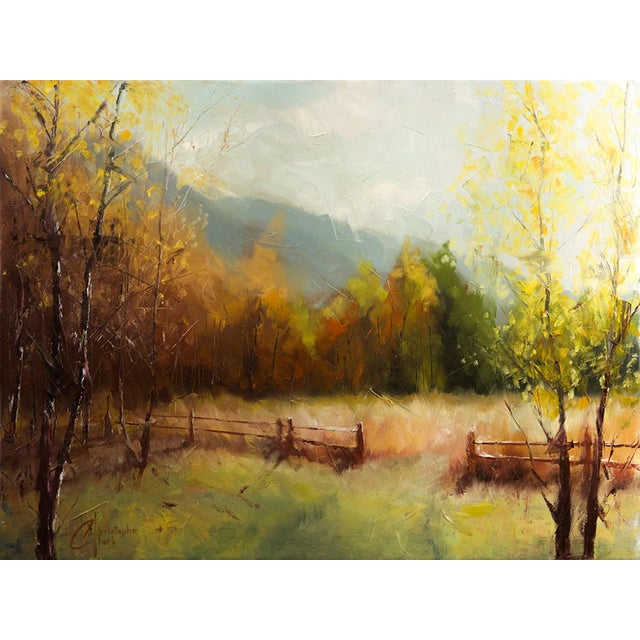 This oil on canvas artwork captures a serene landscape transitioning through the seasons, with vibrant autumnal hues...