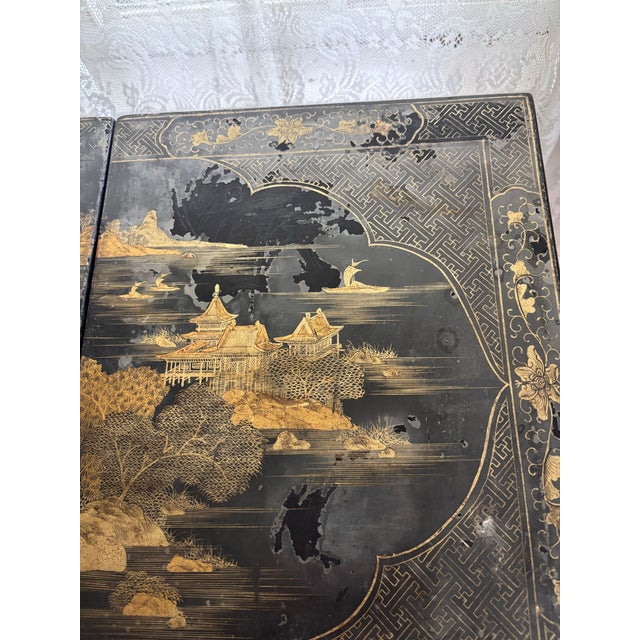 Early 20th Century Vintage Chinoiserie Black Lacquer Folding Dressing Table/Vanity With Original Mirror and Matching Stool, 2 Pieces For Sale - Image 5 of 10