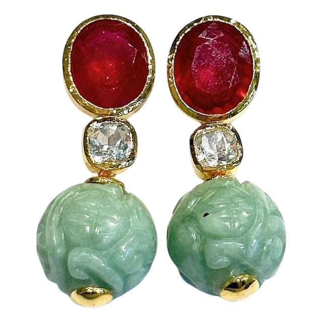 Bochic "Orient" Vintage Ruby, Topaz & Jade Earrings - 18K Gold & Silver For Sale