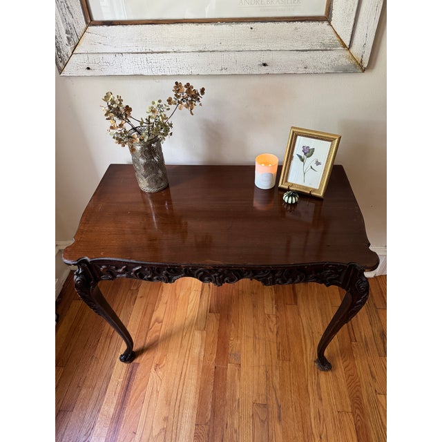 Vintage Writing Desk Table With Ornate Carved Floral Scrollwork. For Sale - Image 4 of 9