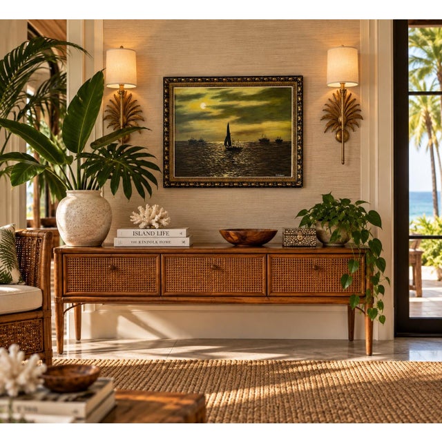 Atmospheric vintage 1980s seascape oil painting on Masonite by S. A. Hasan, signed lower right. The composition depicts...