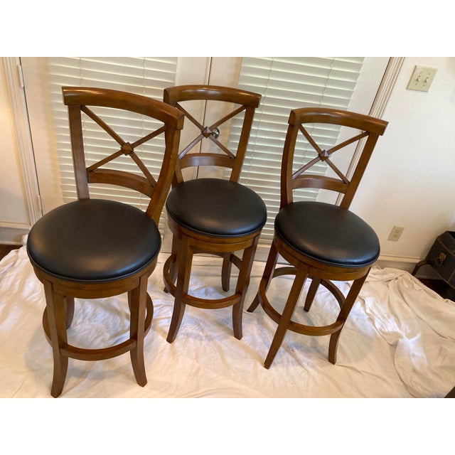 Frontgate Trio of Mahogany Neoclassic Style Barstools Black Leather Swivel Seats For Sale - Image 10 of 12