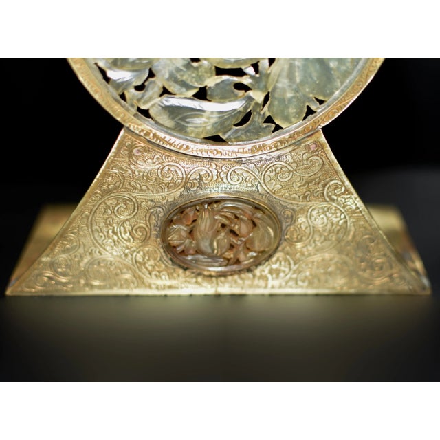 Pair Antique Chinese Serpentine Jade Red Agate Engraved Brass Bookends For Sale - Image 10 of 13