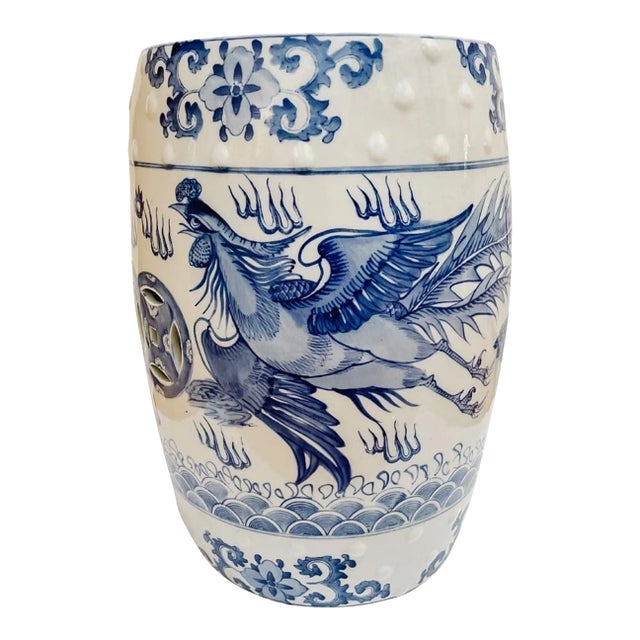 Chinese Blue & White Garden Stool With Dragon & Phoenix For Sale