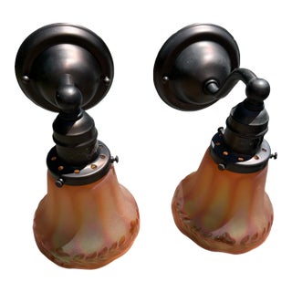 Pair of Antique Brass Sconces With Vintage Nuart Shades For Sale