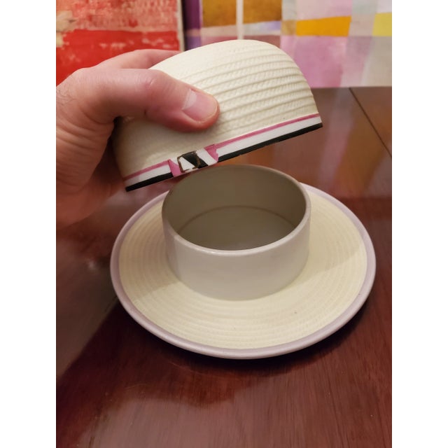 Mid-Century Modern Mid Century Modern Porcelain Faux Panama Straw Hat Jewel Box For Sale - Image 3 of 6