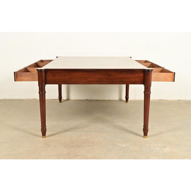 Baker Furniture Stately Homes Collection English Regency Carved Mahogany Leather Top Partner's Desk For Sale - Image 16 of 18