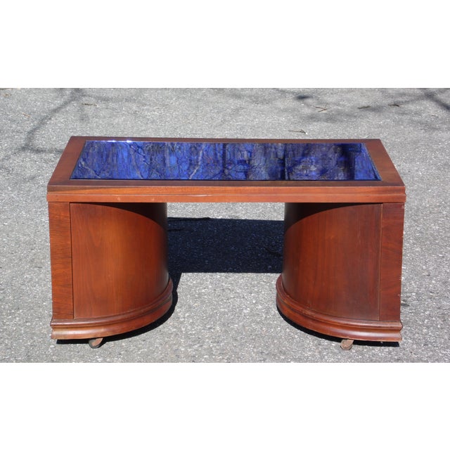 Vintage Art Deco Cobalt Mirror Blue Glass Coffee Table Speakeasy