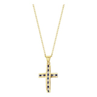 Half Carat Channel-Set Sapphire Diamond Cross Necklace For Sale