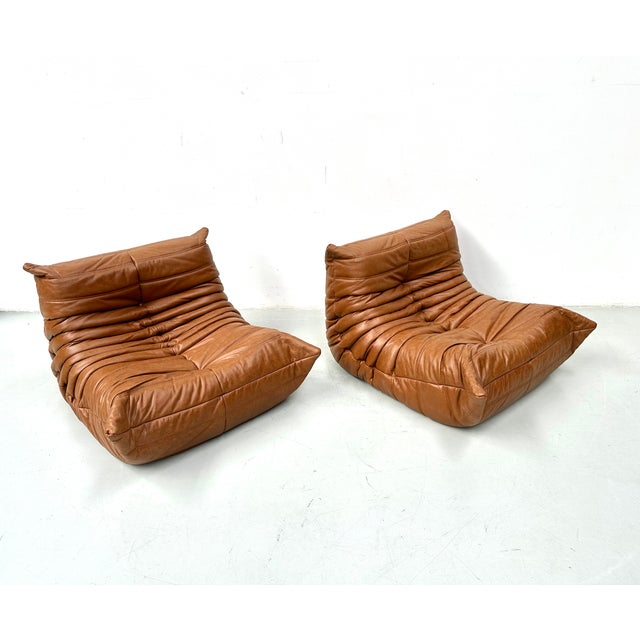 Togo Lounge Chairs in Cognac Cow Leather attributed to Michel Ducaroy for Ligne Roset, Set of 2 For Sale - Image 7 of 13