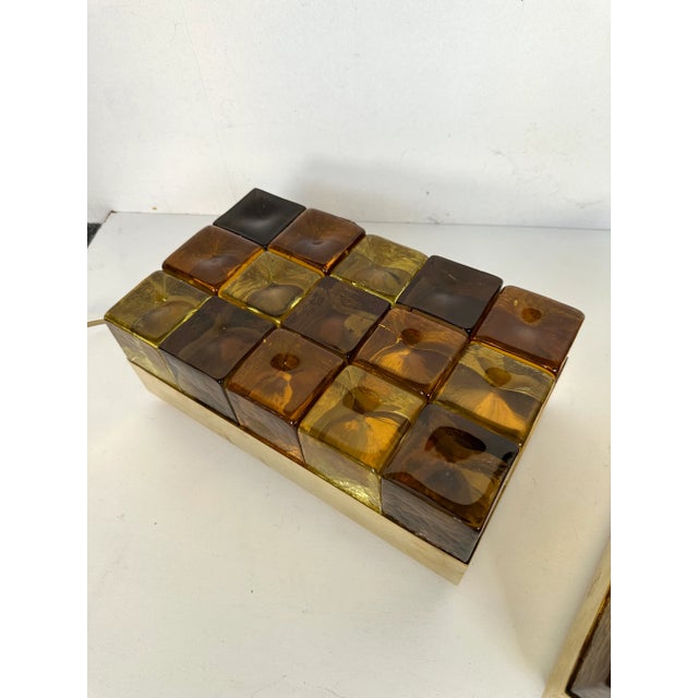 Contemporary Pair of Brass and Murano Glass Cube Marquetry Lamps, Italy For Sale - Image 4 of 12