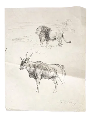 Wilhelm Lorenz - Gnu and Lion - Original Pencil On Paper by Wilhelm Lorenz - Mid-20th Century