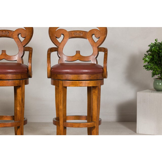 Swivel Bar Stools with Carved Backs and Faux Leather Seats – Set of 3 For Sale - Image 9 of 12