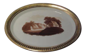 Early 19th Century Chamberlain's Worcester Porcelain Sepia Landscape Design Tea Pot Stand or Small Platter Card Tray