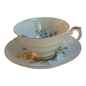 Vintage Royal Grafton Bone China Teacup and Saucer Set in Pink Mint Colors With Floral Bouquet and Gold Trim