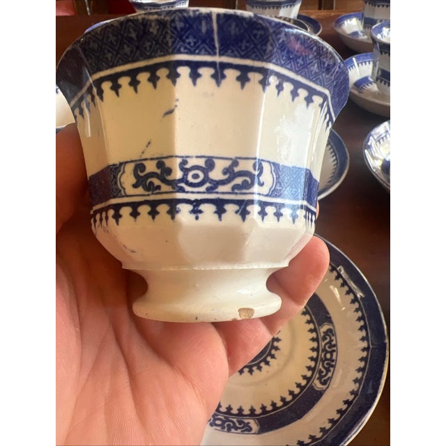 Mid 19th Century 12 Antique Blue Transfer Decorated Cup & Saucers, "Dagger Border" by J. Wedgwood For Sale - Image 11 of 12