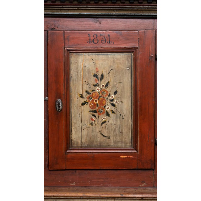 Mid-Century Modern Dated 1831 Scandinavian Painted Step-Back Pine Cupboard with Initials R.K.S. For Sale - Image 3 of 4