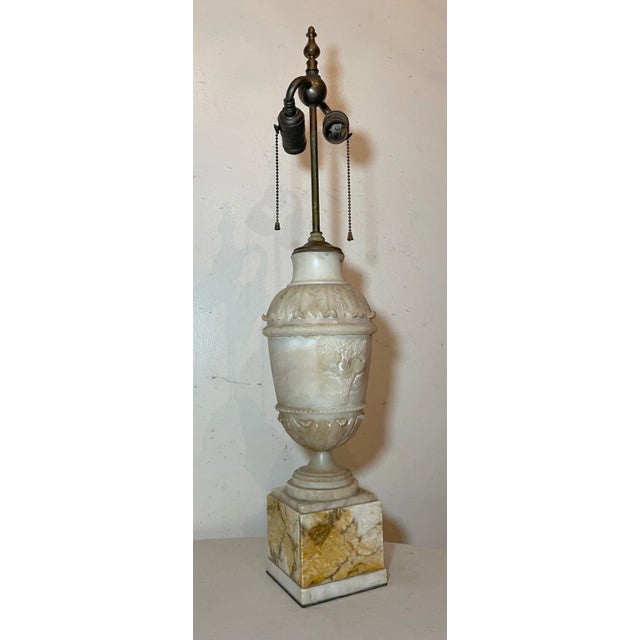 Metal Large Antique Hand Carved Alabaster Stone Marble Urn Flower Electric Table Lamp For Sale - Image 7 of 18