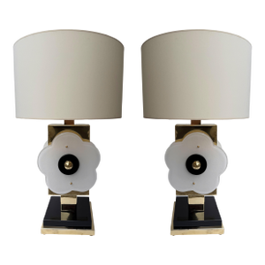 Contemporary Pair of Brass and Murano Glass Big Flowers Lamps, Italy