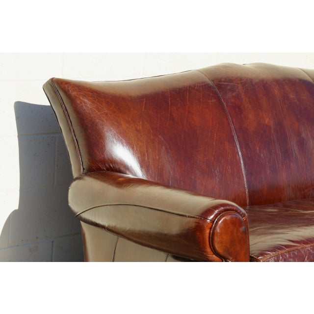 1990s Vintage Art Deco Distressed Brown Leather Three-Seat Sofa With Mustache Back For Sale - Image 5 of 18