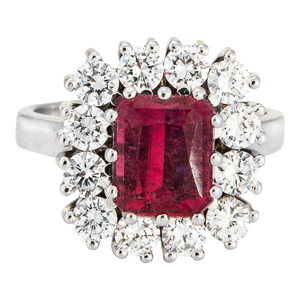 Pink Tourmaline Diamond Ring Vintage Square Cocktail Sz 8 Platinum Fine Jewelry