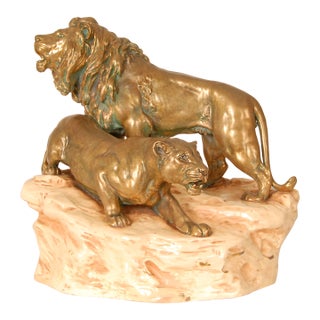 Antique Porcelain Sculpture Lions Signed Viennese Porcelain Group Gold Beige For Sale