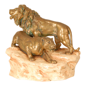 Antique Porcelain Sculpture Lions Signed Viennese Porcelain Group Gold Beige