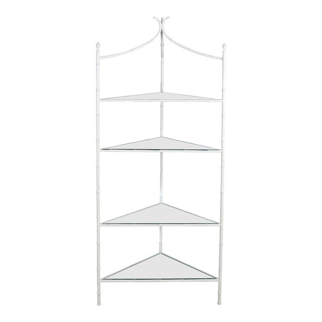 Mirrored Five Shelf White Faux Bamboo Corner Etagere For Sale