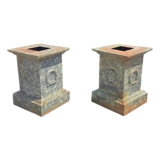 Vintage Neoclassical Cast Iron Wreath Garden Urn Planter Pedestal Base - Pair For Sale