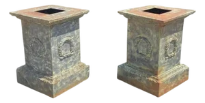 Vintage Neoclassical Cast Iron Wreath Garden Urn Planter Pedestal Base - Pair