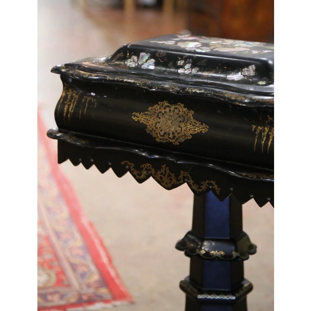19th Century English Victorian Papier-Mâché Sewing Table With Pearl Inlay For Sale - Image 11 of 13