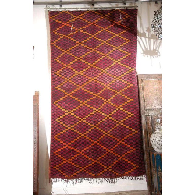 Handwoven vintage pile Moroccan tribal rug, purple, orange and black. Very lush and happy colors, Mid-Century Modern look,...