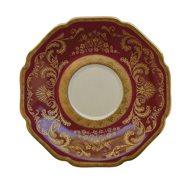 Vintage 30s Heinrich and Co. Selb H & C Bavaria German Porcelain Red and Gold Encrusted Tea Cup and Saucer With Desert Plate - Service for 2 For Sale - Image 12 of 12
