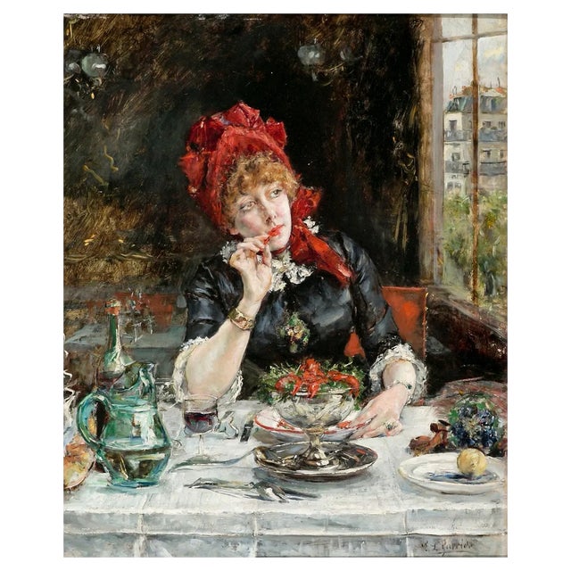 Eduardo Leon Garrido, Girl in Restaurant in Paris, 19th Century, Oil on Wood For Sale