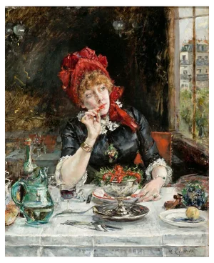 Eduardo Leon Garrido, Girl in Restaurant in Paris, 19th Century, Oil on Wood