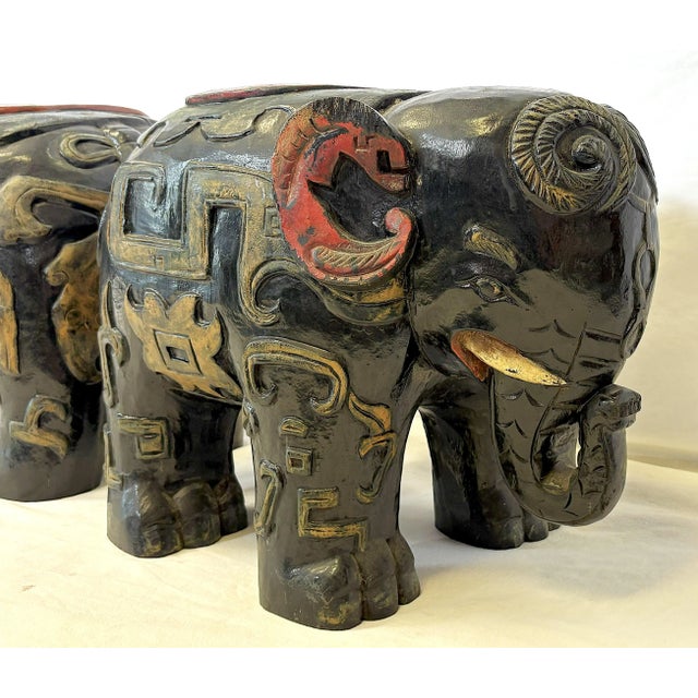 Vintage Solid Wood Painted African Elephant Stools- A Pair For Sale - Image 9 of 15