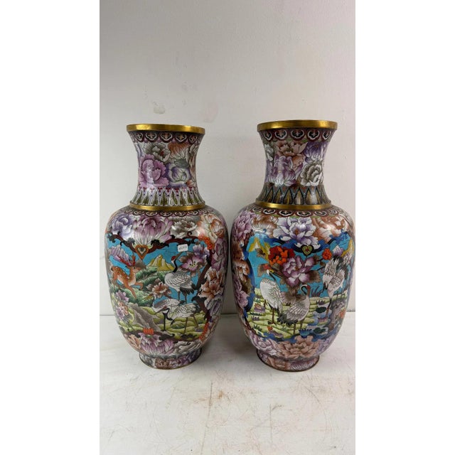 Pink Pair of Large Chinese Cloisonne Enamel Vases Deer Animals Flowers Pink For Sale - Image 8 of 9